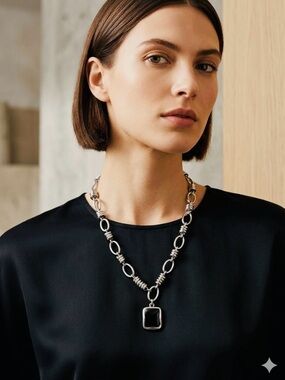 Silver-tone Black Faceted Pendant Necklace and Earring Set